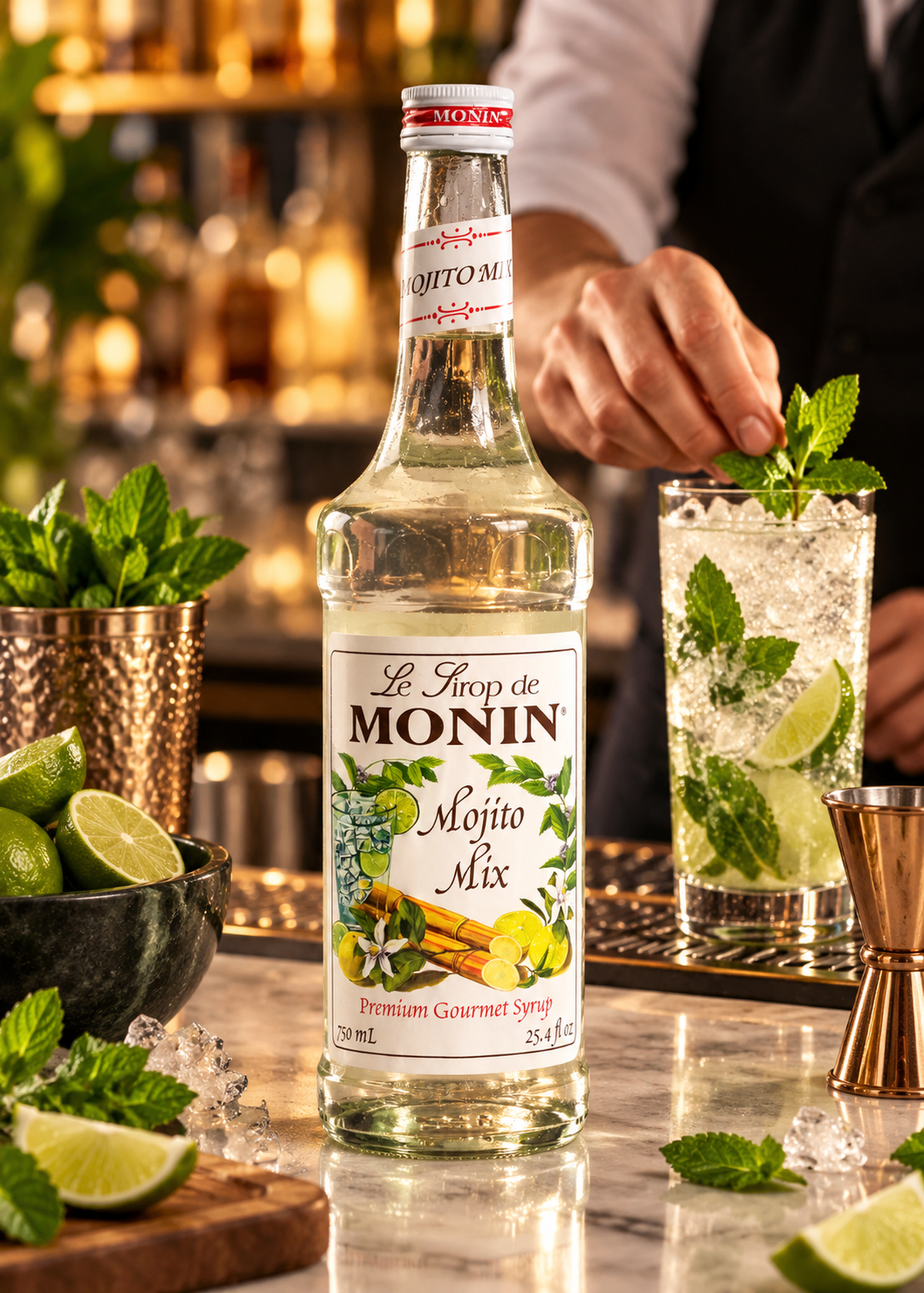 Jarabe de mojito botella de vidrio Monin 750 ml — imagen de producto en uso
