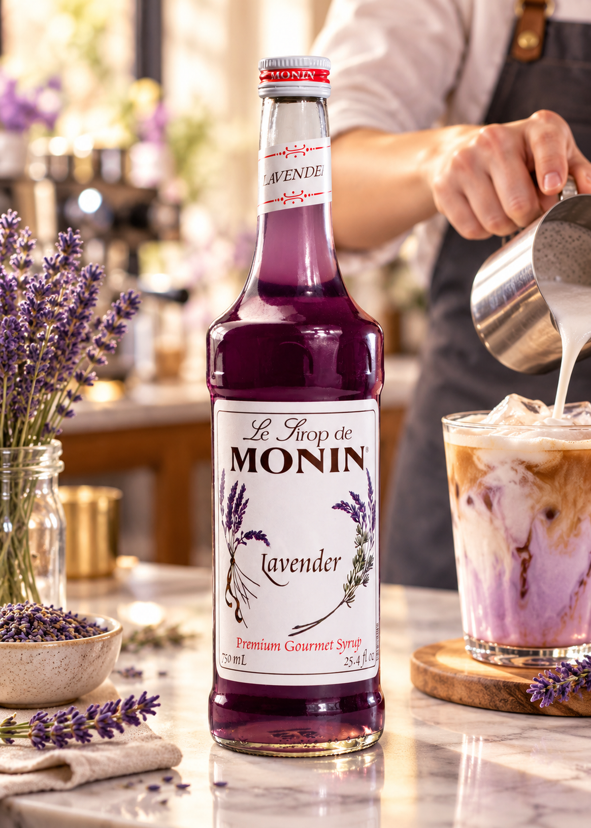 Jarabe de lavanda botella de vidrio Monin 750 ml — imagen de producto en uso