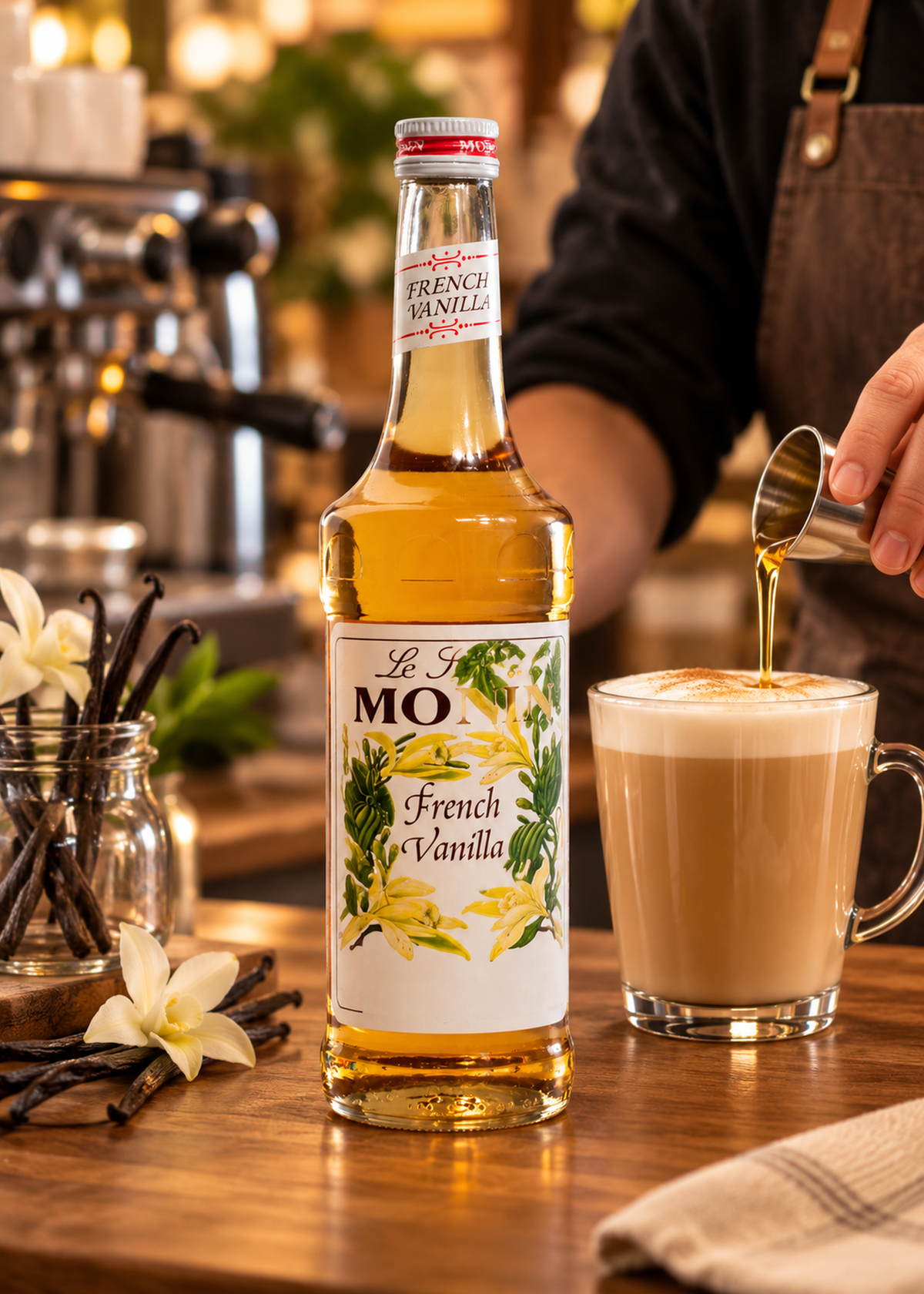Jarabe de vainilla botella de vidrio Monin 750 ml — imagen de producto en uso
