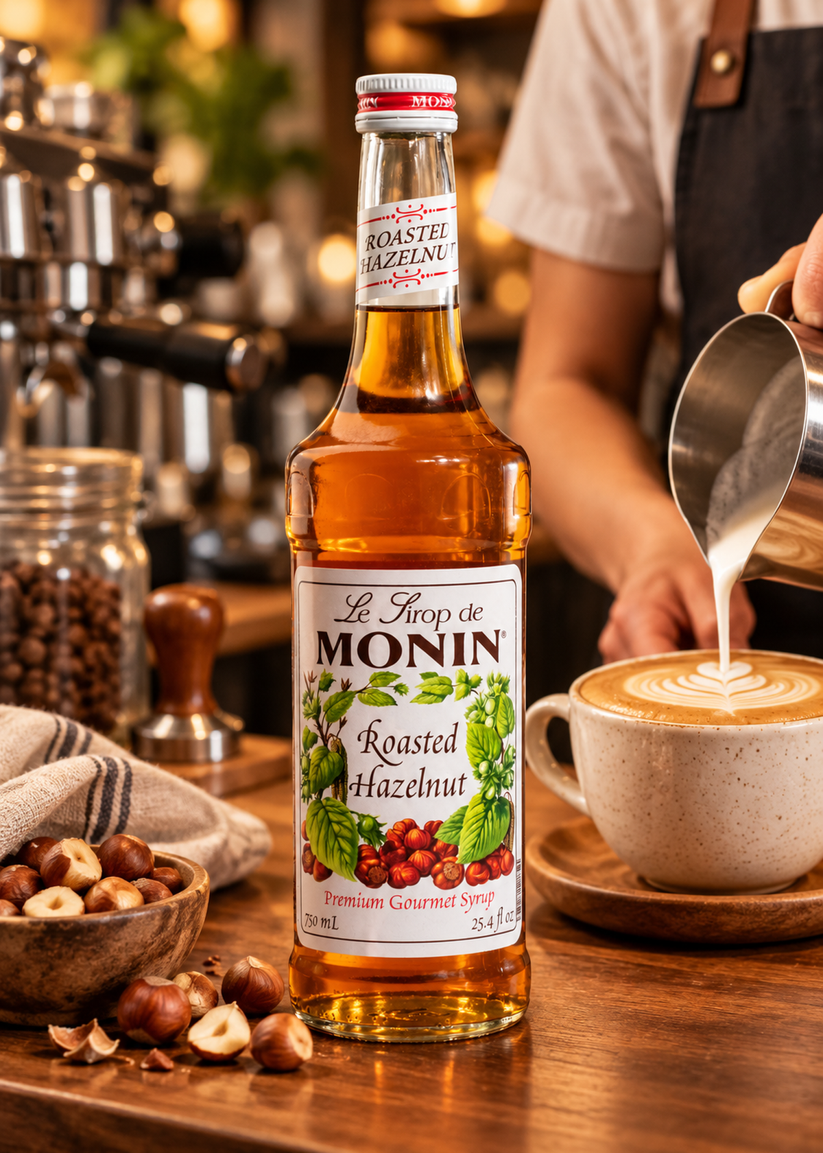 Jarabe de avellana botella de vidrio Monin 750 ml — imagen de producto en uso