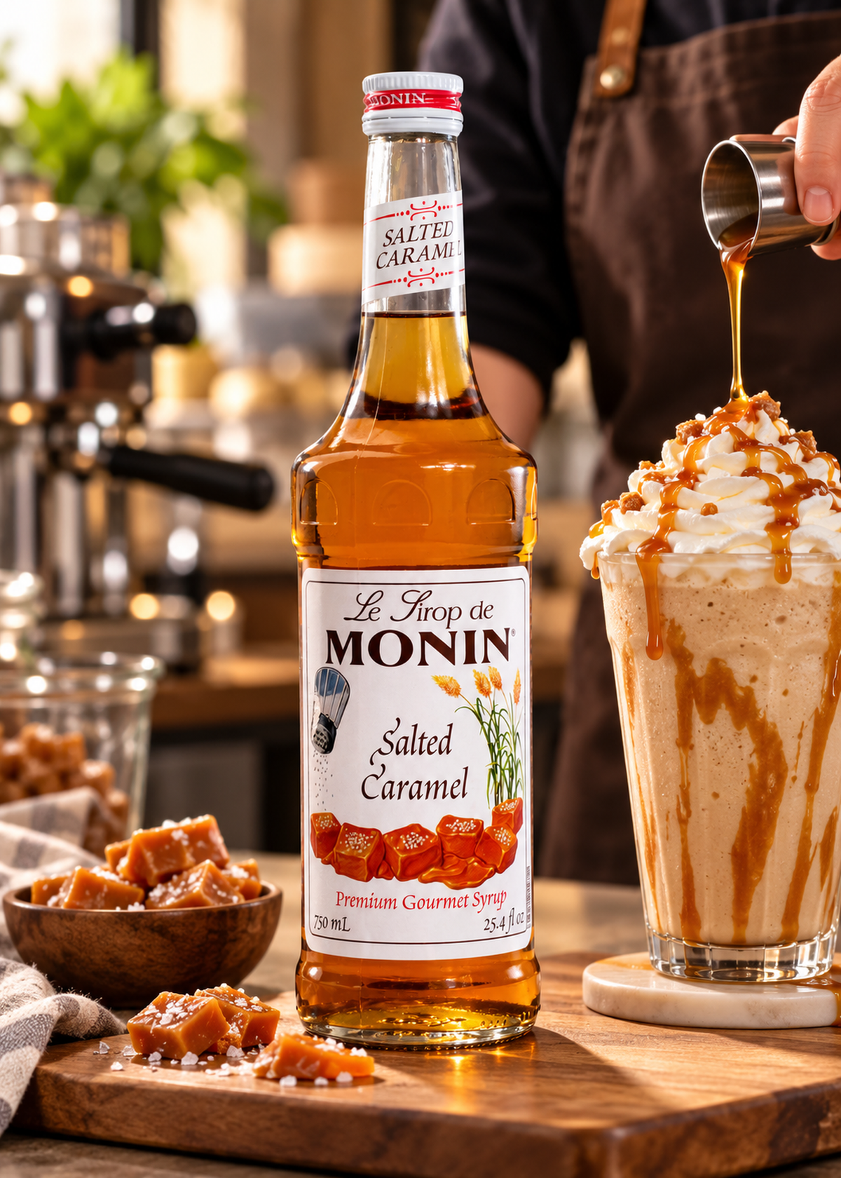 Jarabe de caramelo salado botella de vidrio Monin 750 ml — imagen de producto en uso