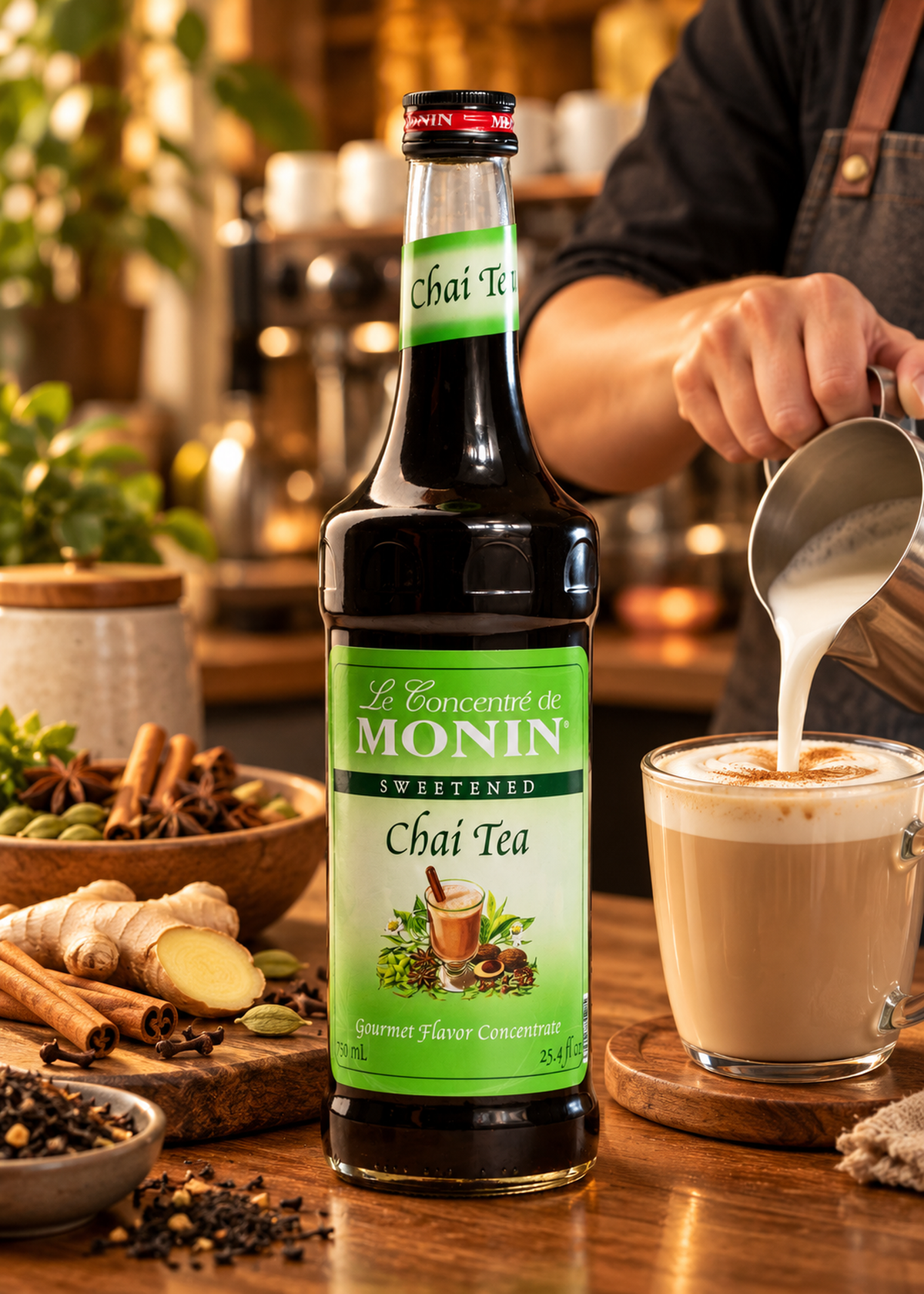 Jarabe de té chai botella de vidrio Monin 750 ml — imagen de producto en uso