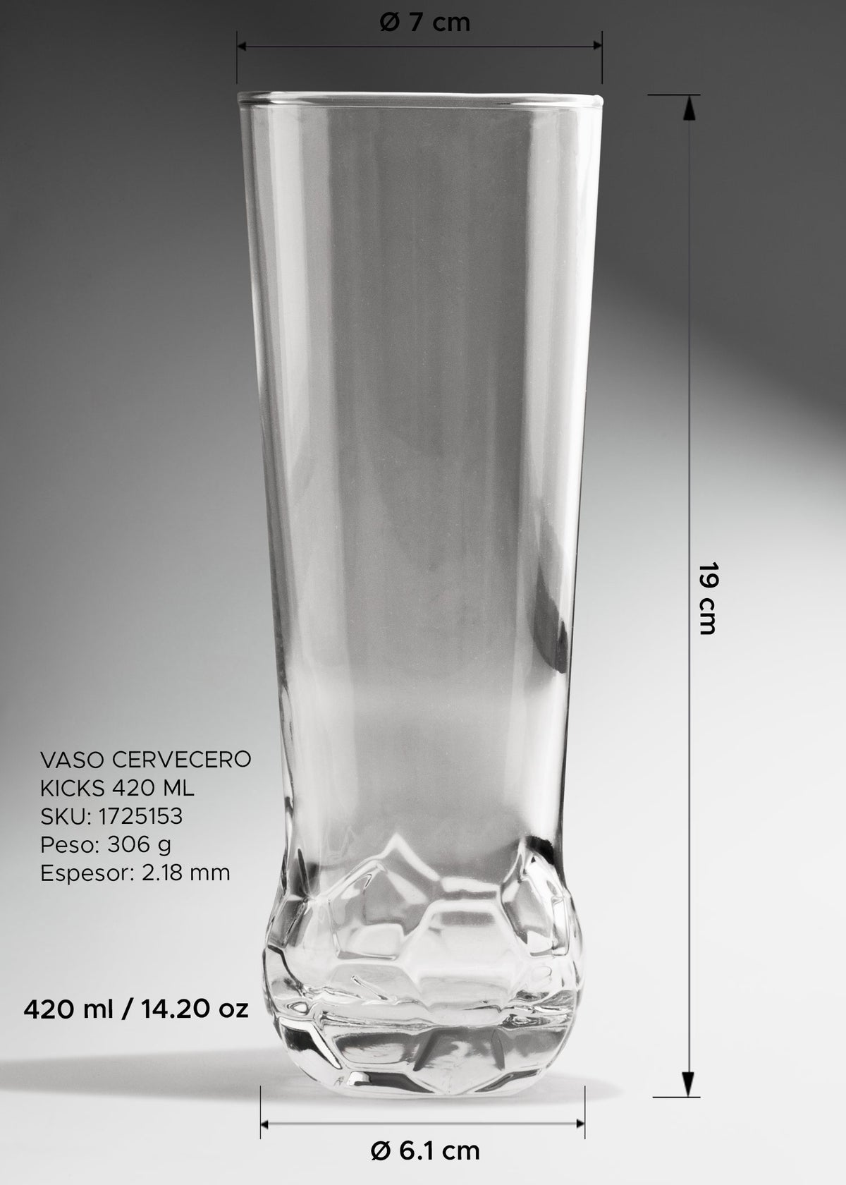 Vaso cervecero de vidrio transparente con base en forma de balón resistente para bar, restaurante o micheladas Kicks 420 ml — imagen de producto