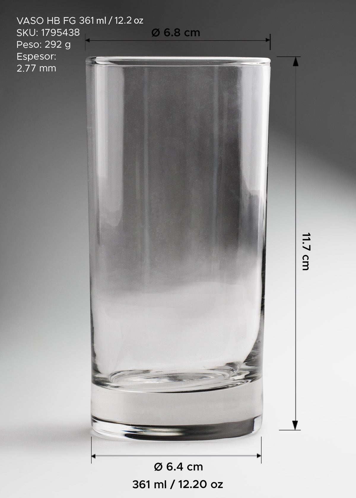 Vaso highball de cristal transparente fondo grueso para cocteles, bebidas y bar 361 ml — imagen de producto