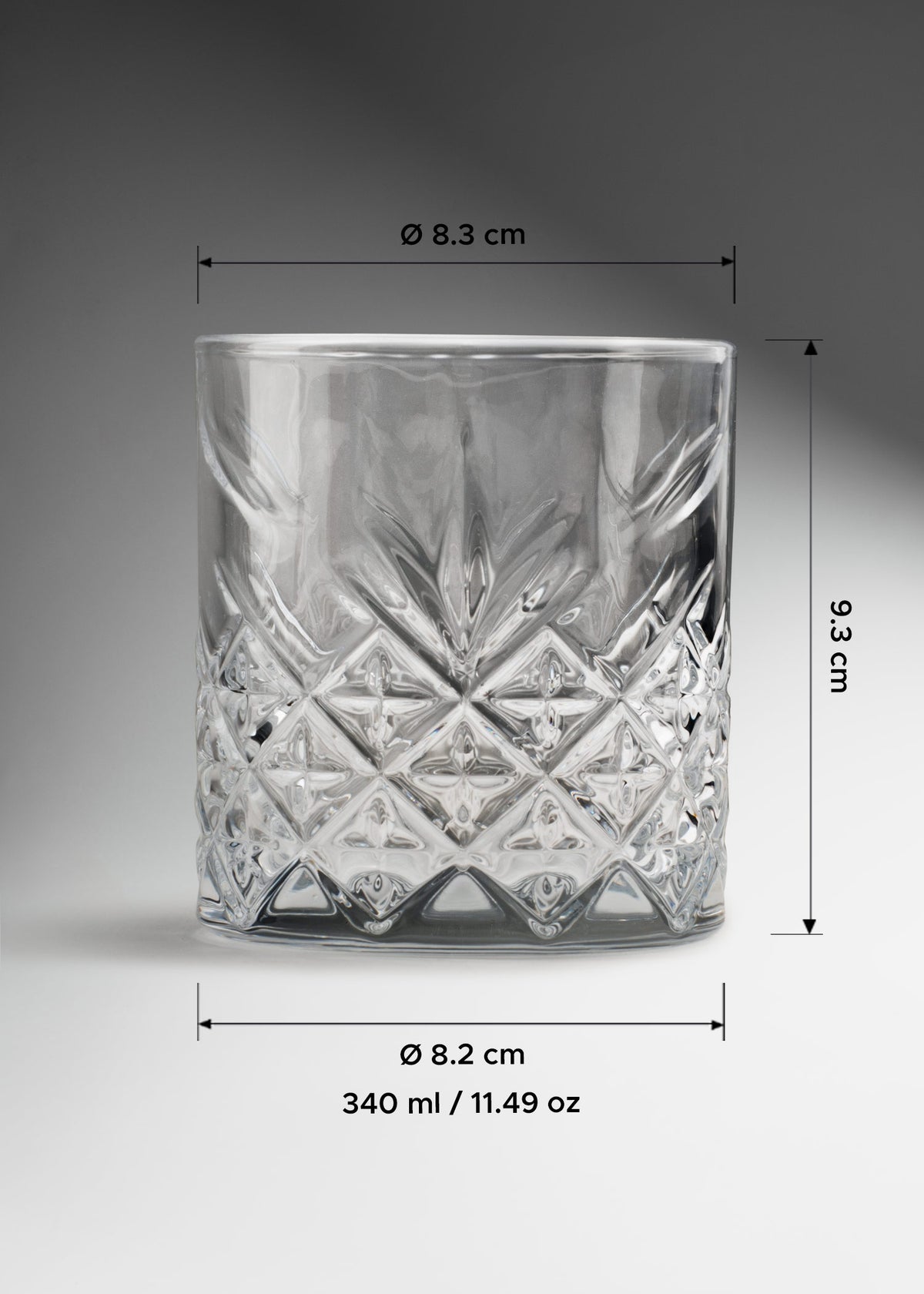 Vaso de vidrio texturizado grado alimenticio old fashion de vidrio transparente ideal para restaurantes y coctelería Whisky 340 ml — imagen de producto