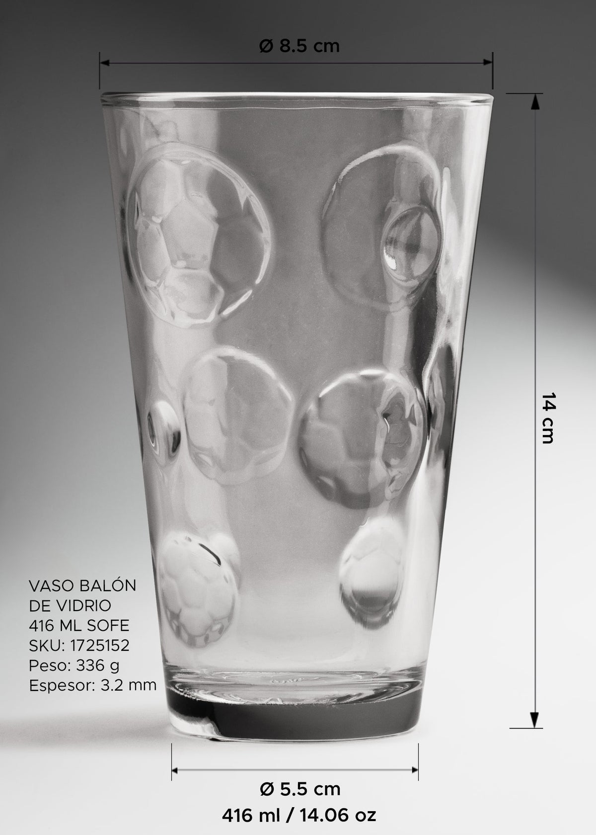 Vaso con relieve de balón de vidrio transparente resistente para restaurante bar o cafetería Sofe 416 ml — imagen de producto