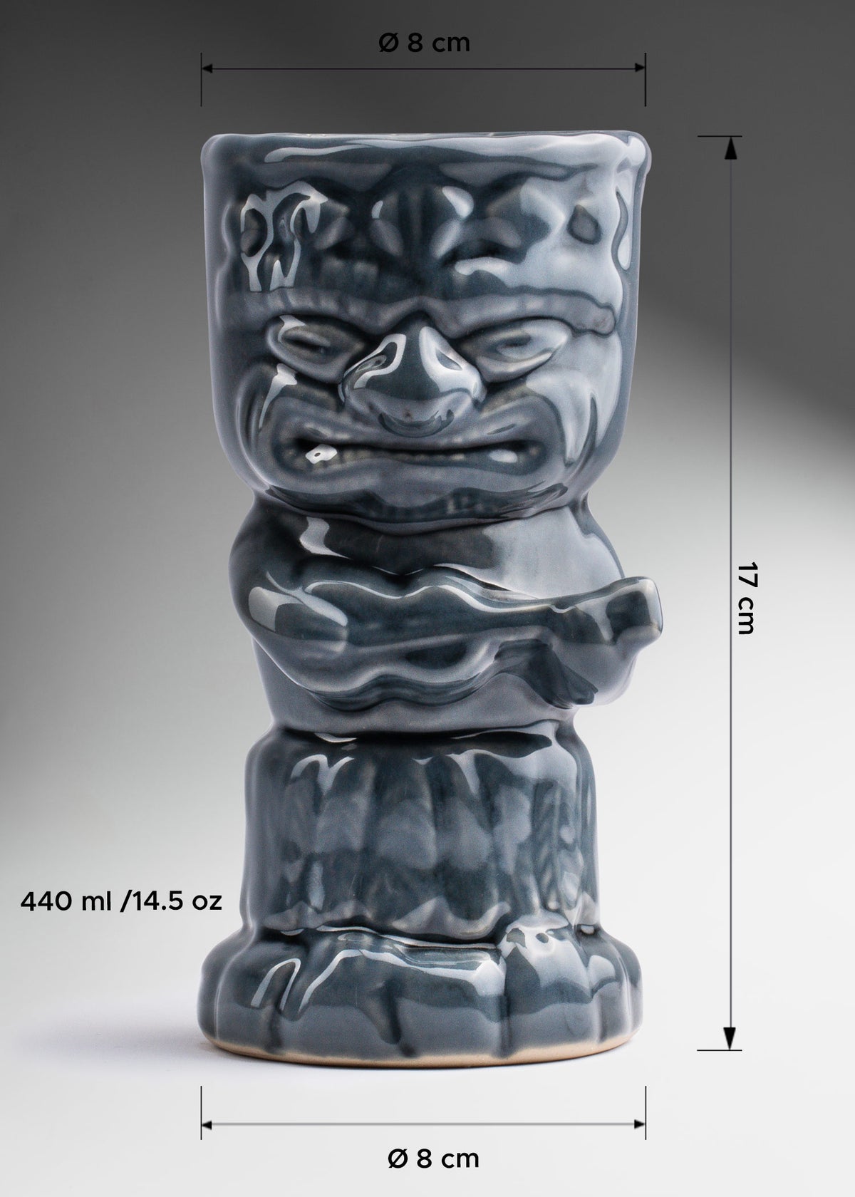 Vaso tiki de cerámica de alta temperatura azul metálico, azul cielo, café, coral, gris y verde Hawaiano Cíclope 440 ml — imagen de producto