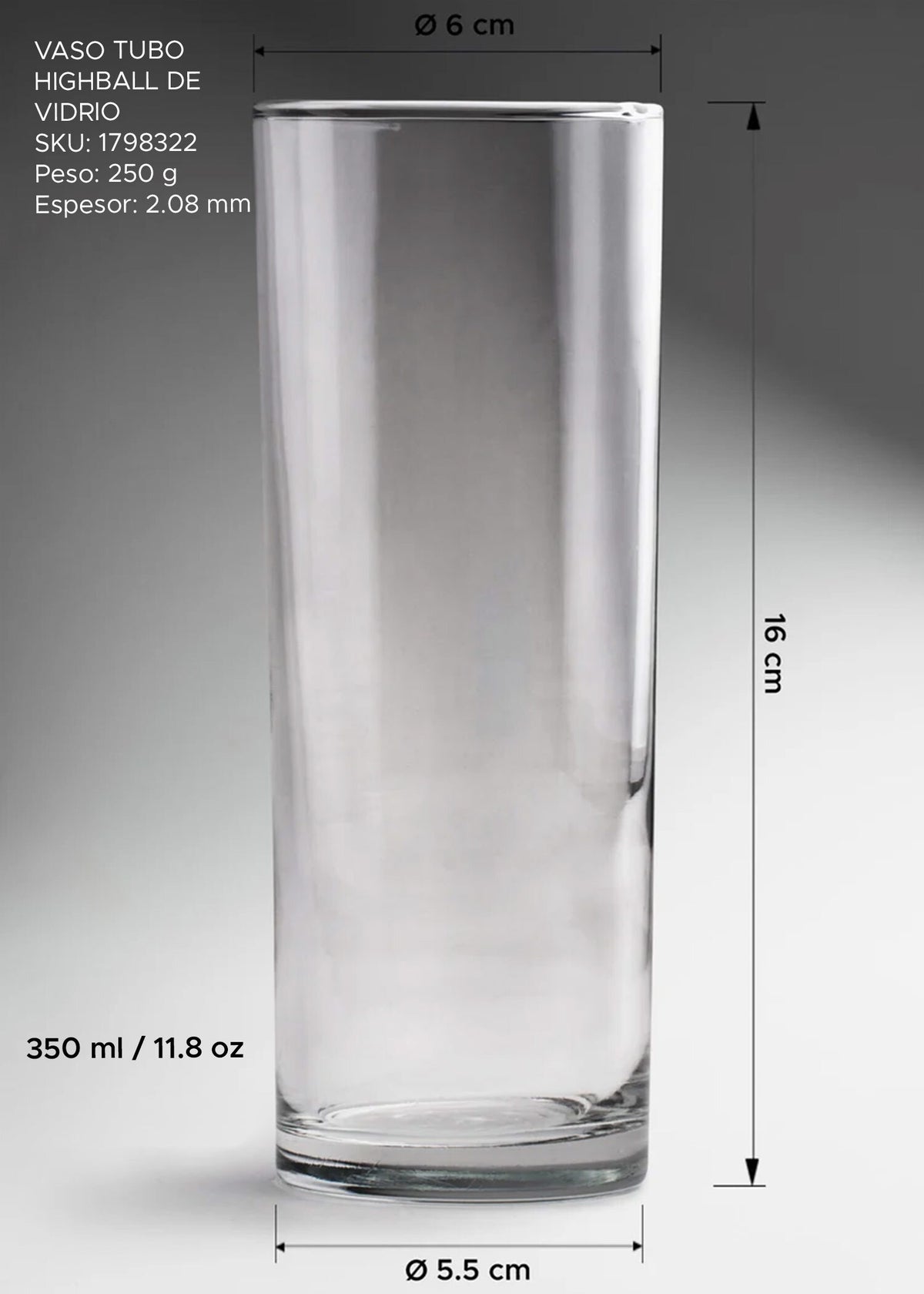 Vaso tubo highball de vidrio transparente grueso 350 ml — imagen de producto