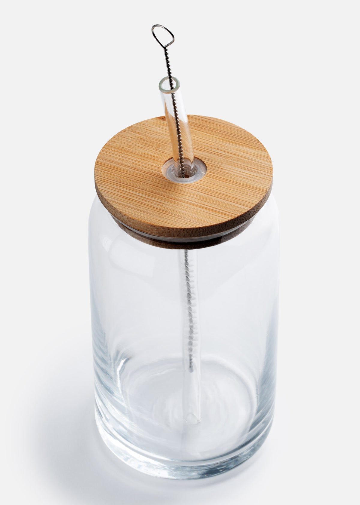 Vaso de vidrio transparente tipo lata con tapa, popote y cepillo 470 ml — imagen de producto