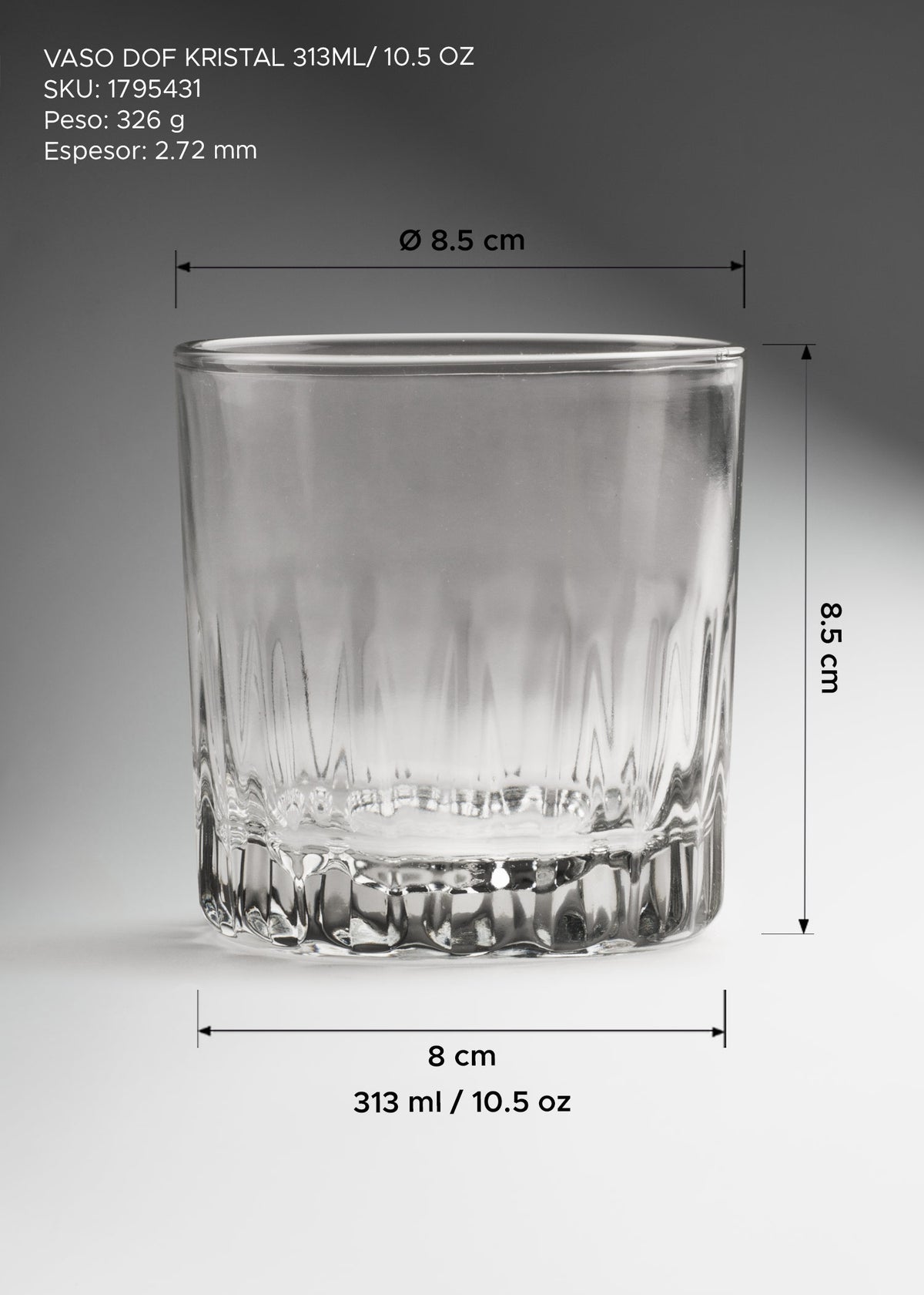Vaso de vidrio transparente Old Fashion para whisky, ron y cocteles Dof Kristal 313 ml / 10.5 oz — imagen de producto