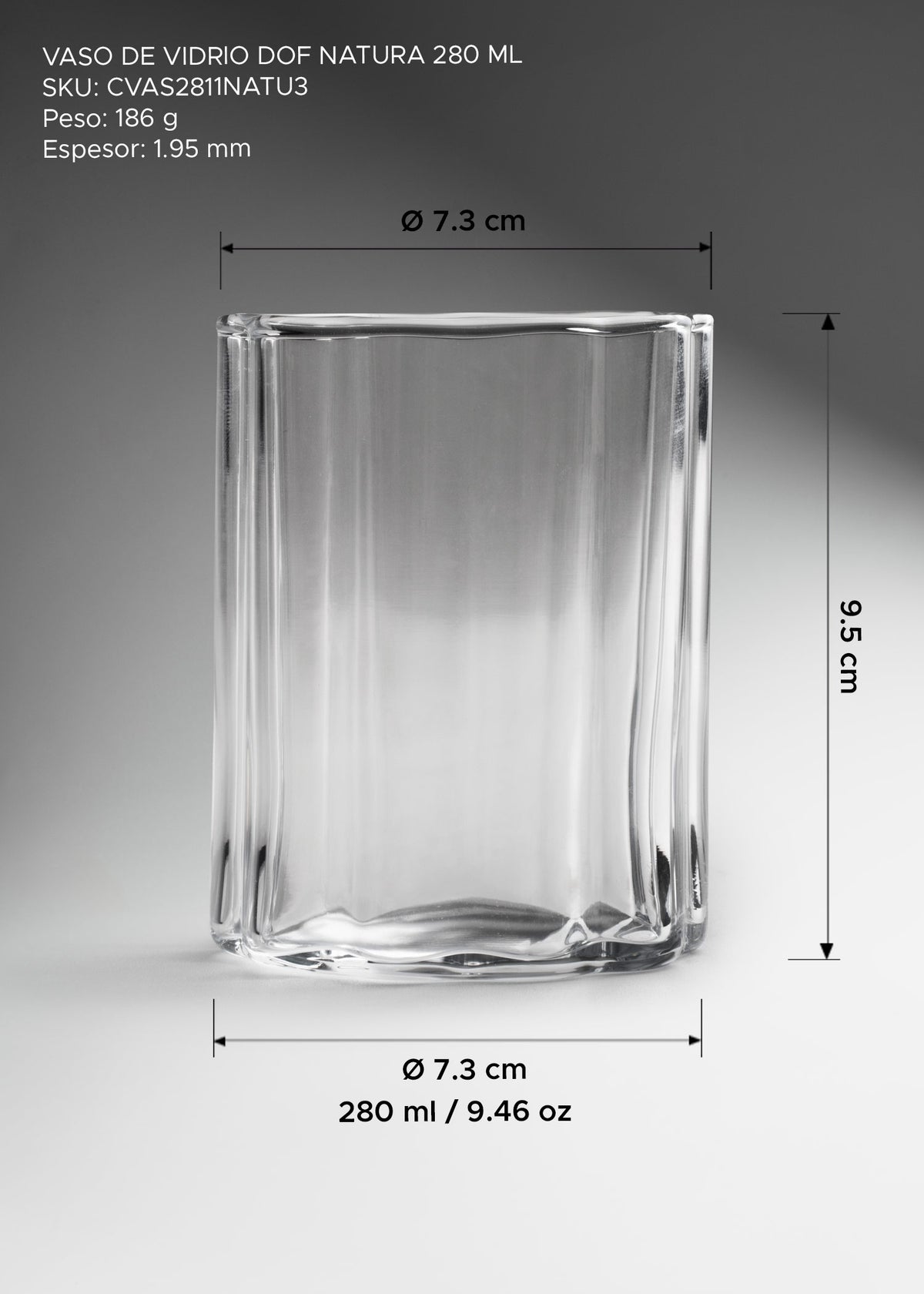 Vaso old fashion de vidrio transparente premium ideal para whisky, cocteles, ron, tequila y bebidas fías Dof Natura 280 ml (9 oz) — imagen de producto