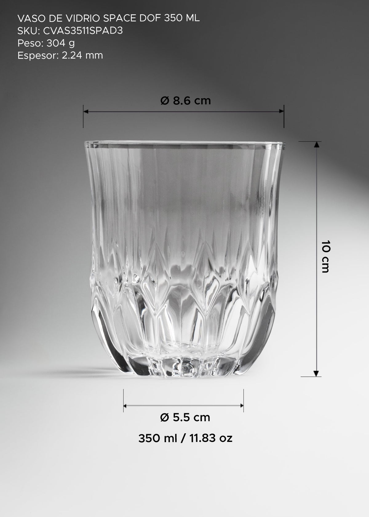 Vaso old fashion de vidrio transparente premium ideal para whisky, cocteles, ron, tequila y bebidas frias Space Dof 350 ml (12 oz) — imagen de producto