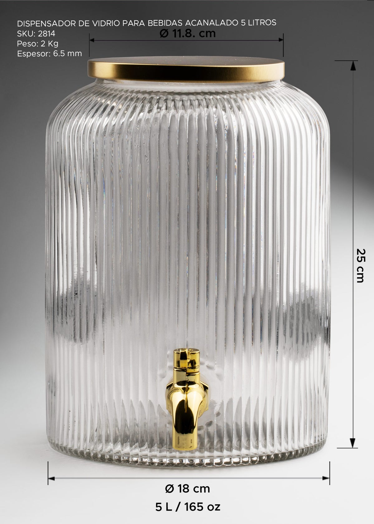 Vitrolero dispensador de bebidas de vidrio transparente acanalado 5 L — imagen de producto