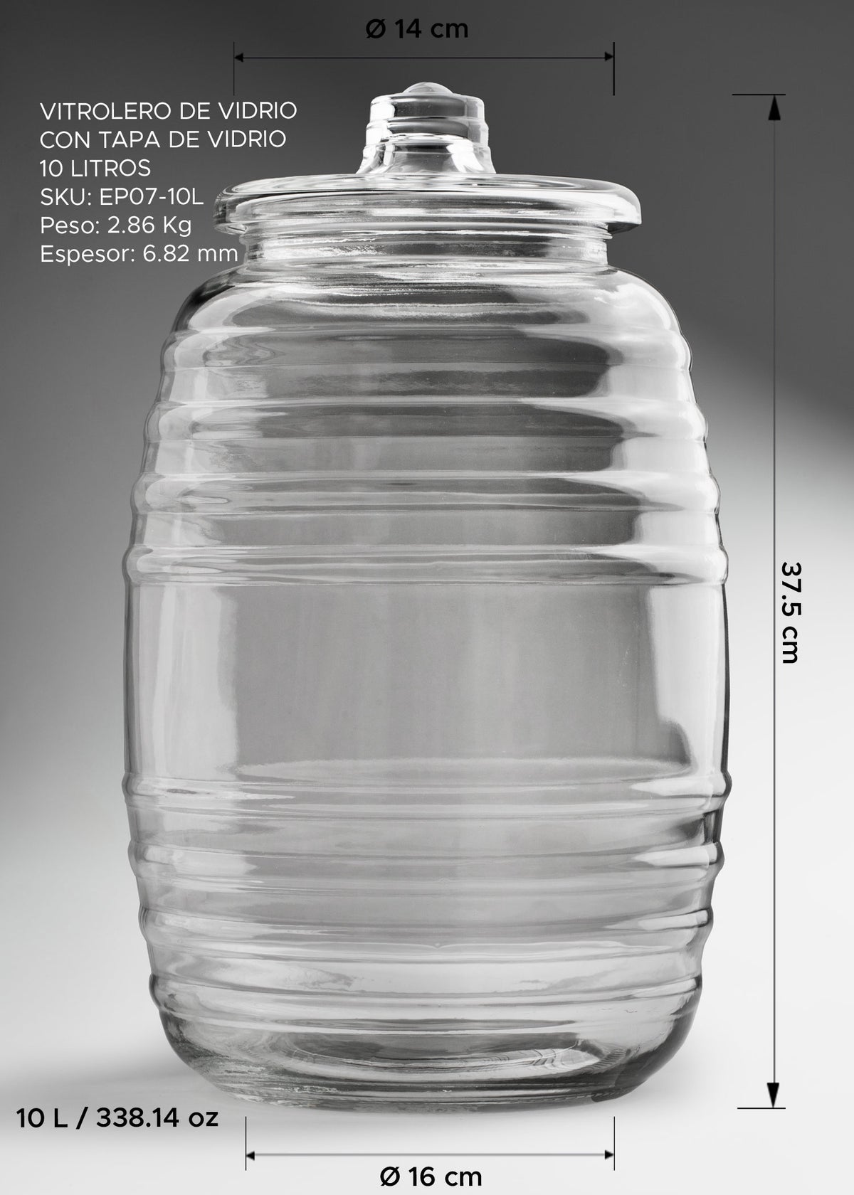 Vitrolero con tapa de vidrio transparente para bebidas, dulces, cereales, botanas y almacenamiento de alimentos 10 L (338 oz) — imagen de producto