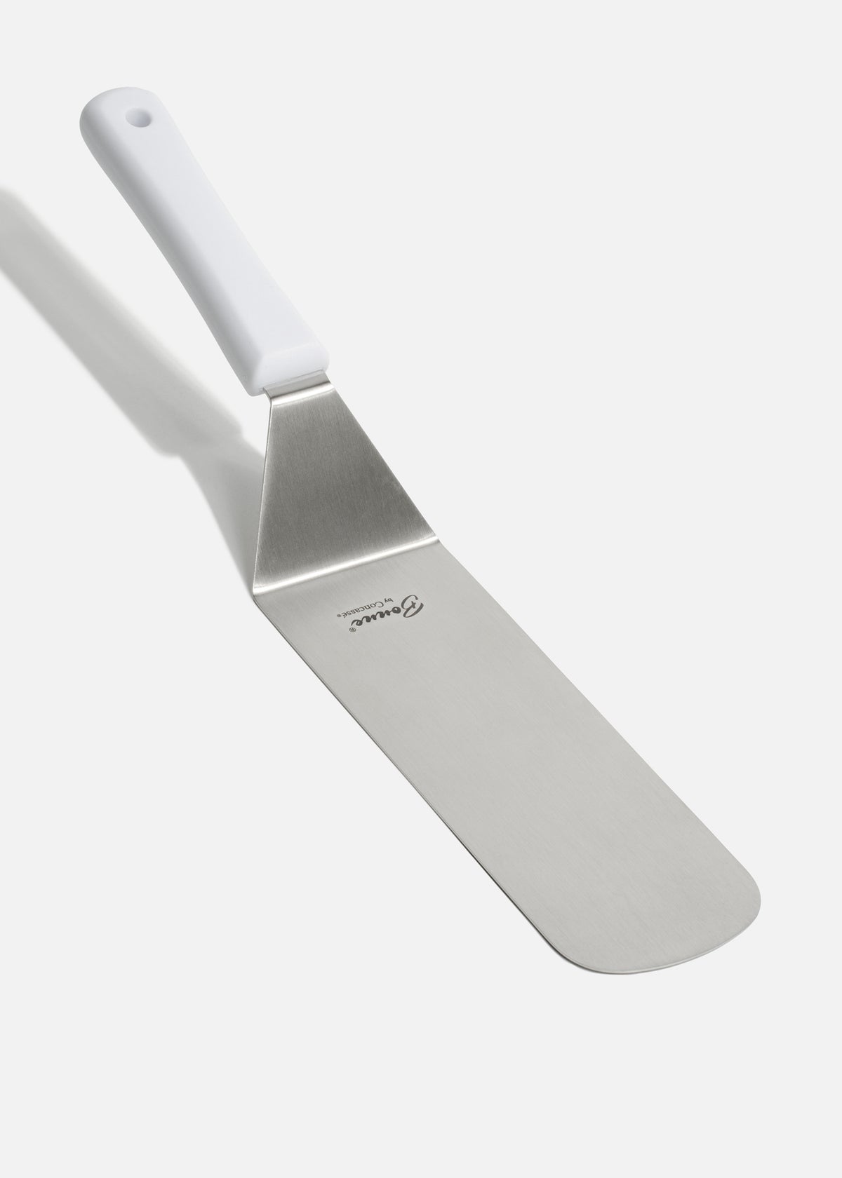 Volteador de cocina para pizza de acero inoxidable con mango de nylon blanco 8"x 3". Premium — imagen de producto