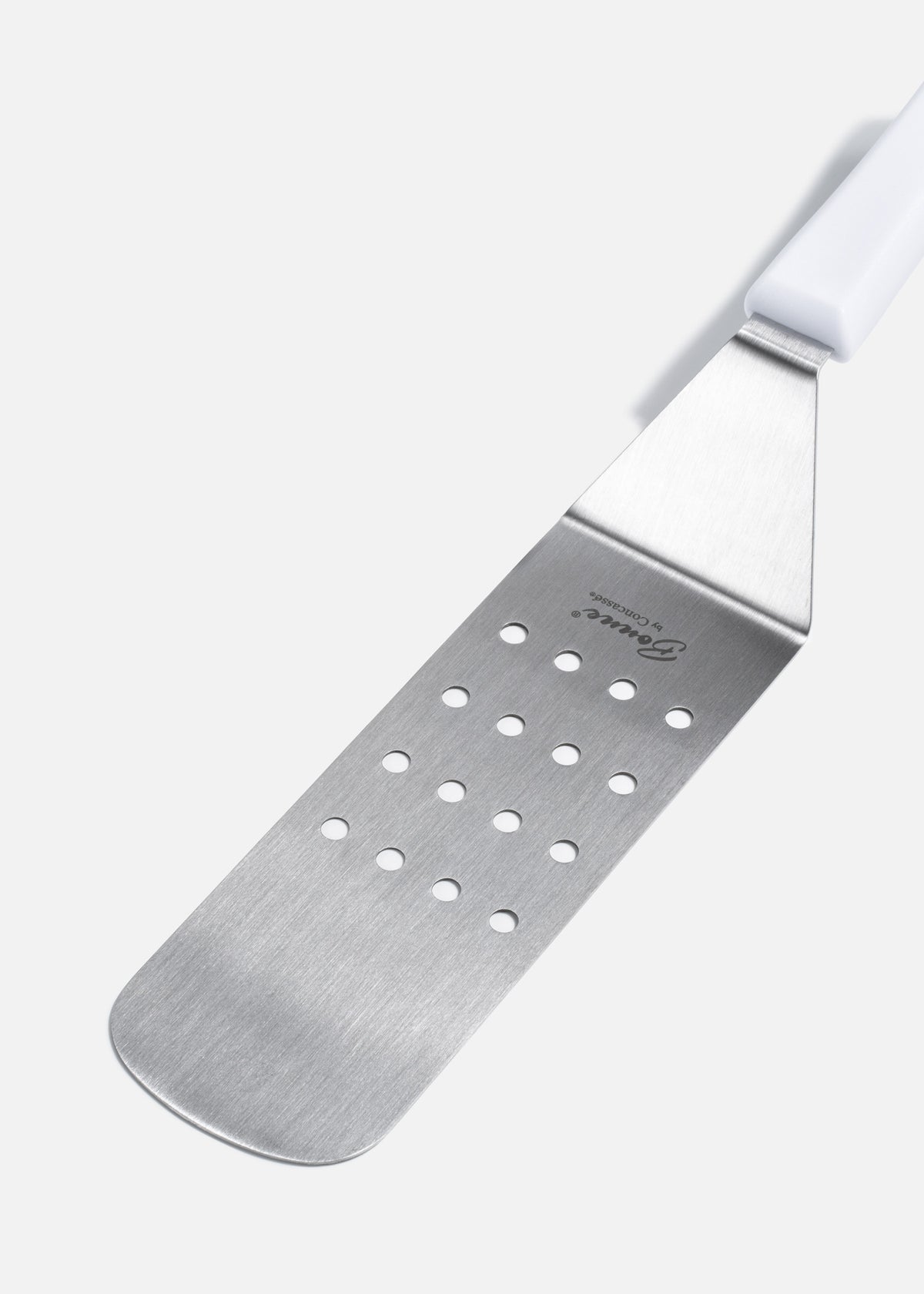 Volteador para pizza perforado de acero inoxidable plata y mango de nylon 25 cm — imagen de producto