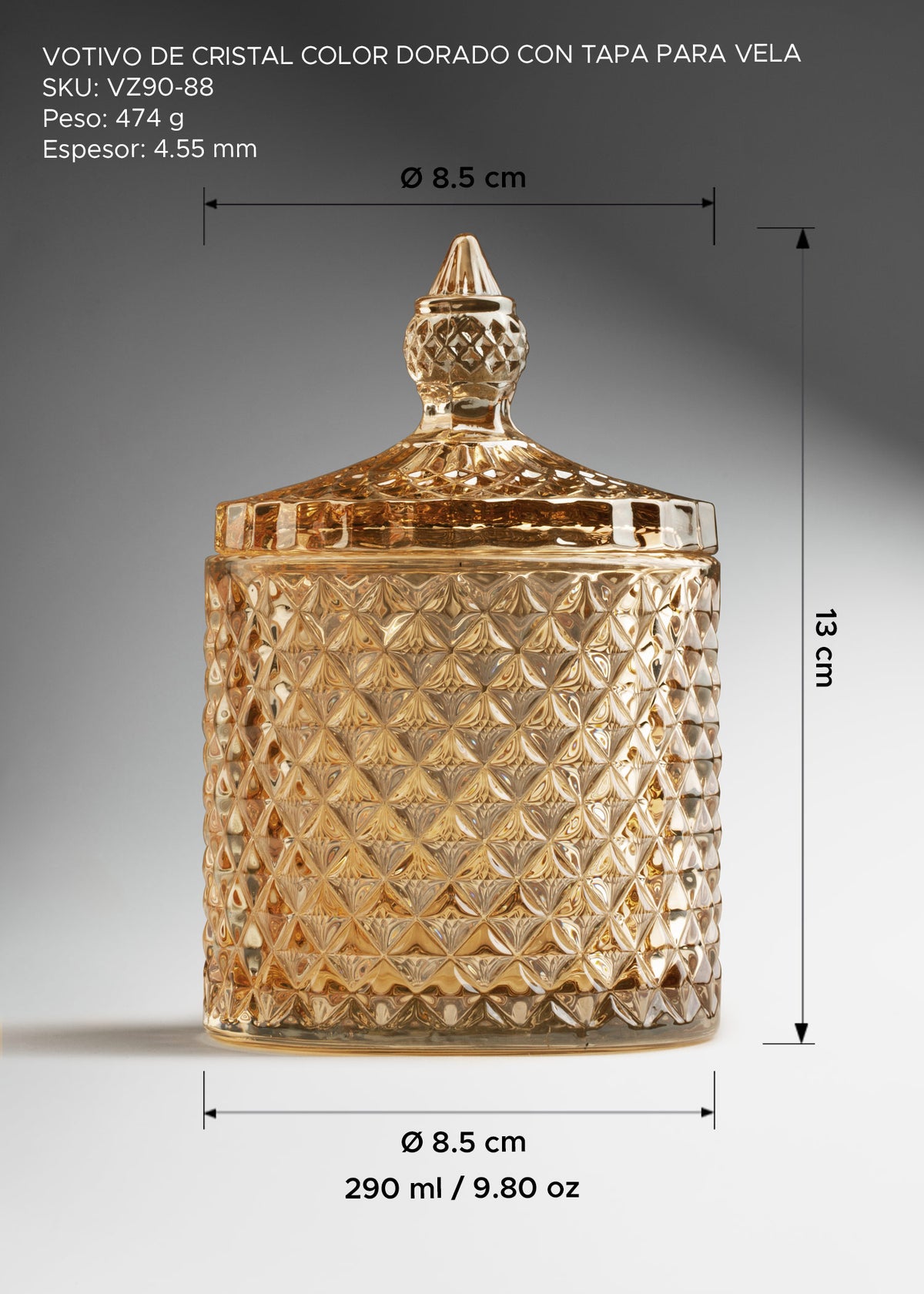 Votivo de cristal dorado con tapa decoración para centros de mesa, porta velas y eventos 290 ml — imagen de producto