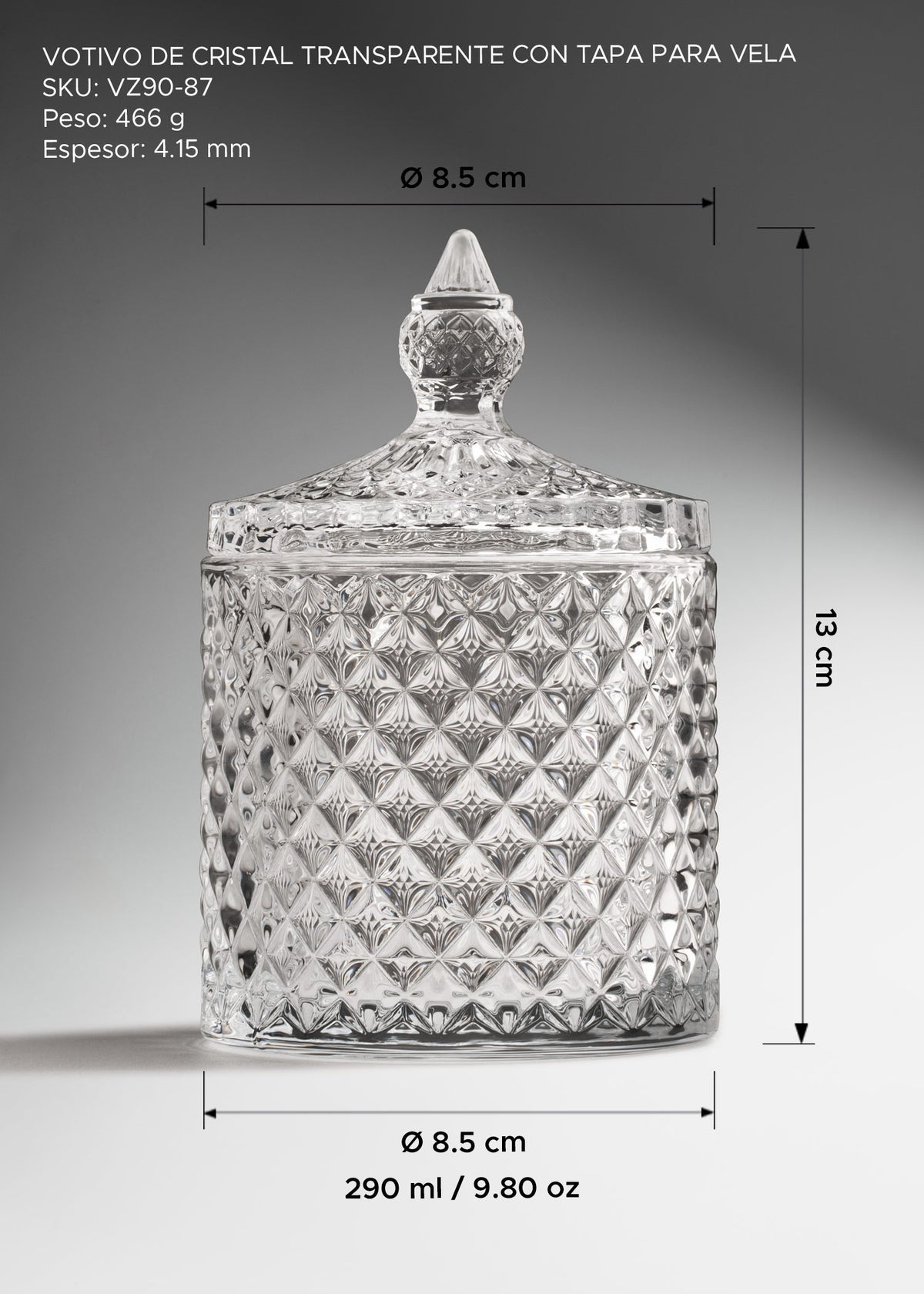 Votivo de cristal transparente con tapa decoración para centros de mesa, porta velas y eventos 290 ml — imagen de producto
