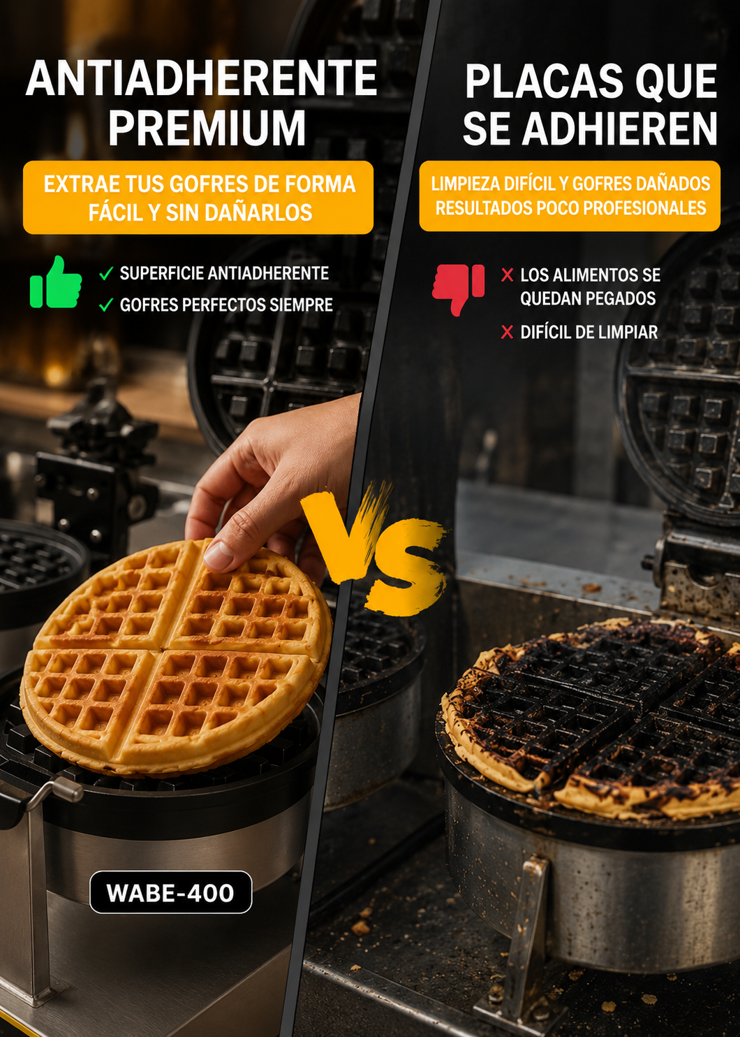 Waflera belga profesional giratoria doble 1800 Watts. Rango de temperatura de 50°C a 300° C. Platos de aluminio con recubrimiento de teflón. Cuerpo de acero inoxidable. Rhino WABE-2400 — imagen de producto
