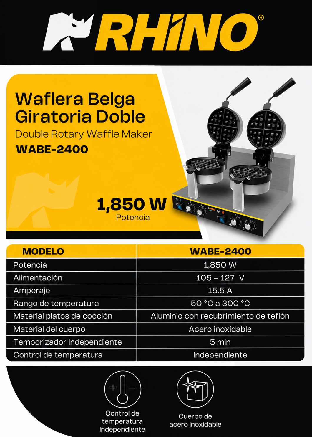 Waflera belga profesional giratoria doble 1800 Watts. Rango de temperatura de 50°C a 300° C. Platos de aluminio con recubrimiento de teflón. Cuerpo de acero inoxidable. Rhino WABE-2400 — imagen de producto