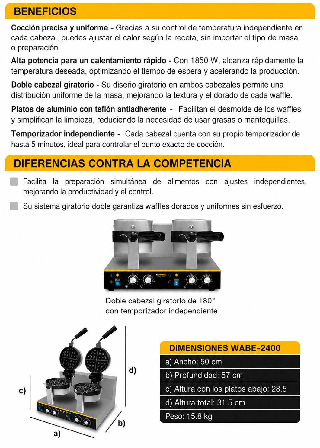 Waflera belga profesional giratoria doble 1800 Watts. Rango de temperatura de 50°C a 300° C. Platos de aluminio con recubrimiento de teflón. Cuerpo de acero inoxidable. Rhino WABE-2400 — imagen de producto