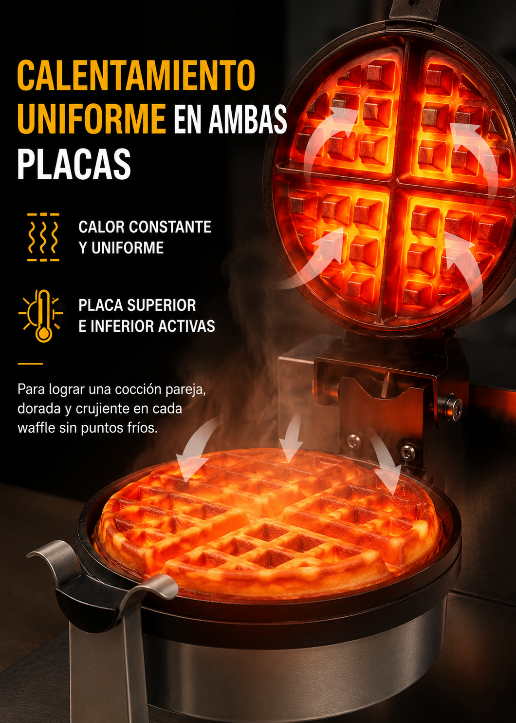 Waflera belga profesional giratoria doble 1800 Watts. Rango de temperatura de 50°C a 300° C. Platos de aluminio con recubrimiento de teflón. Cuerpo de acero inoxidable. Rhino WABE-2400 — imagen de producto
