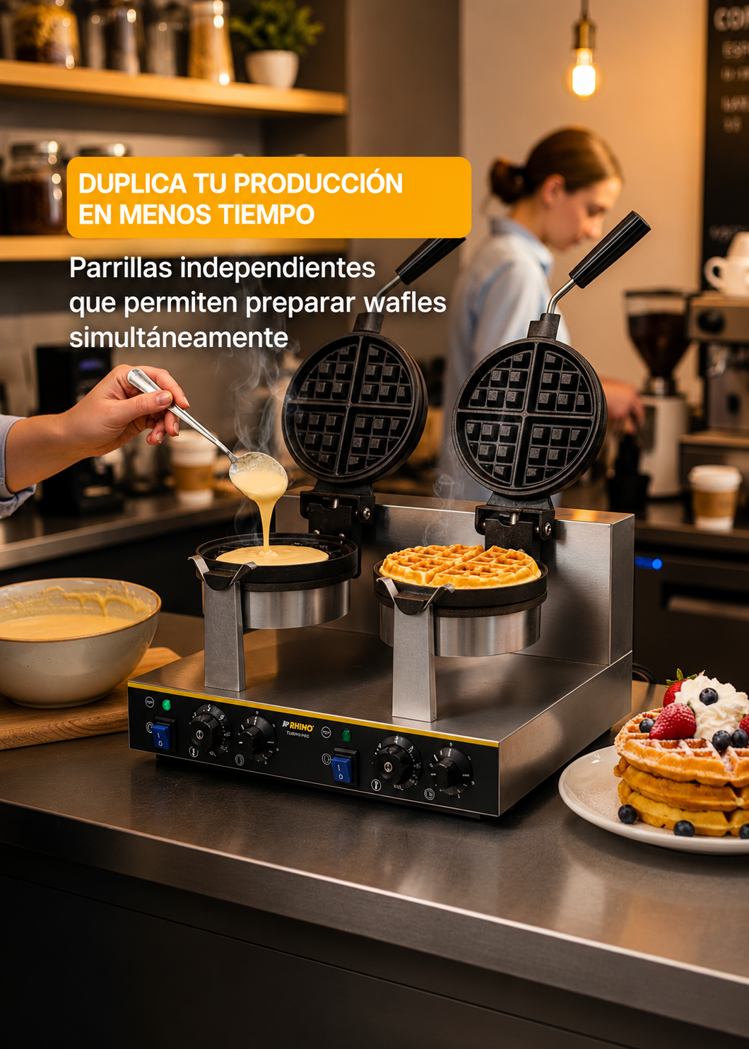 Waflera belga profesional giratoria doble 1800 Watts. Rango de temperatura de 50°C a 300° C. Platos de aluminio con recubrimiento de teflón. Cuerpo de acero inoxidable. Rhino WABE-2400 — imagen de producto