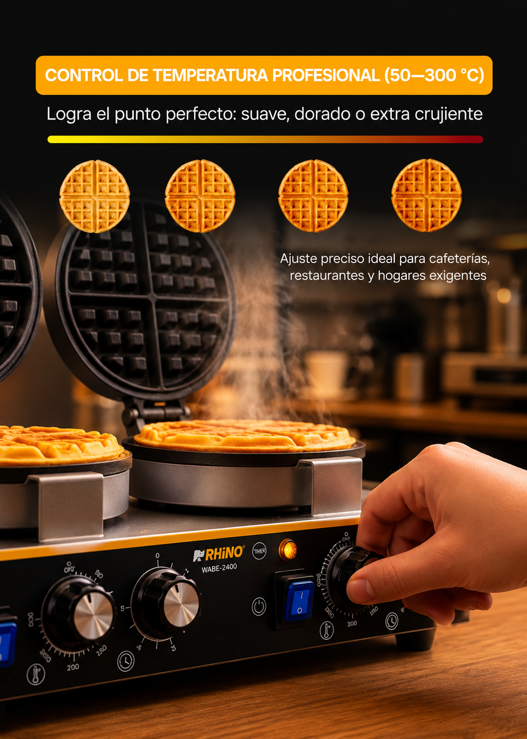 Waflera belga profesional giratoria doble 1800 Watts. Rango de temperatura de 50°C a 300° C. Platos de aluminio con recubrimiento de teflón. Cuerpo de acero inoxidable. Rhino WABE-2400 — imagen de producto
