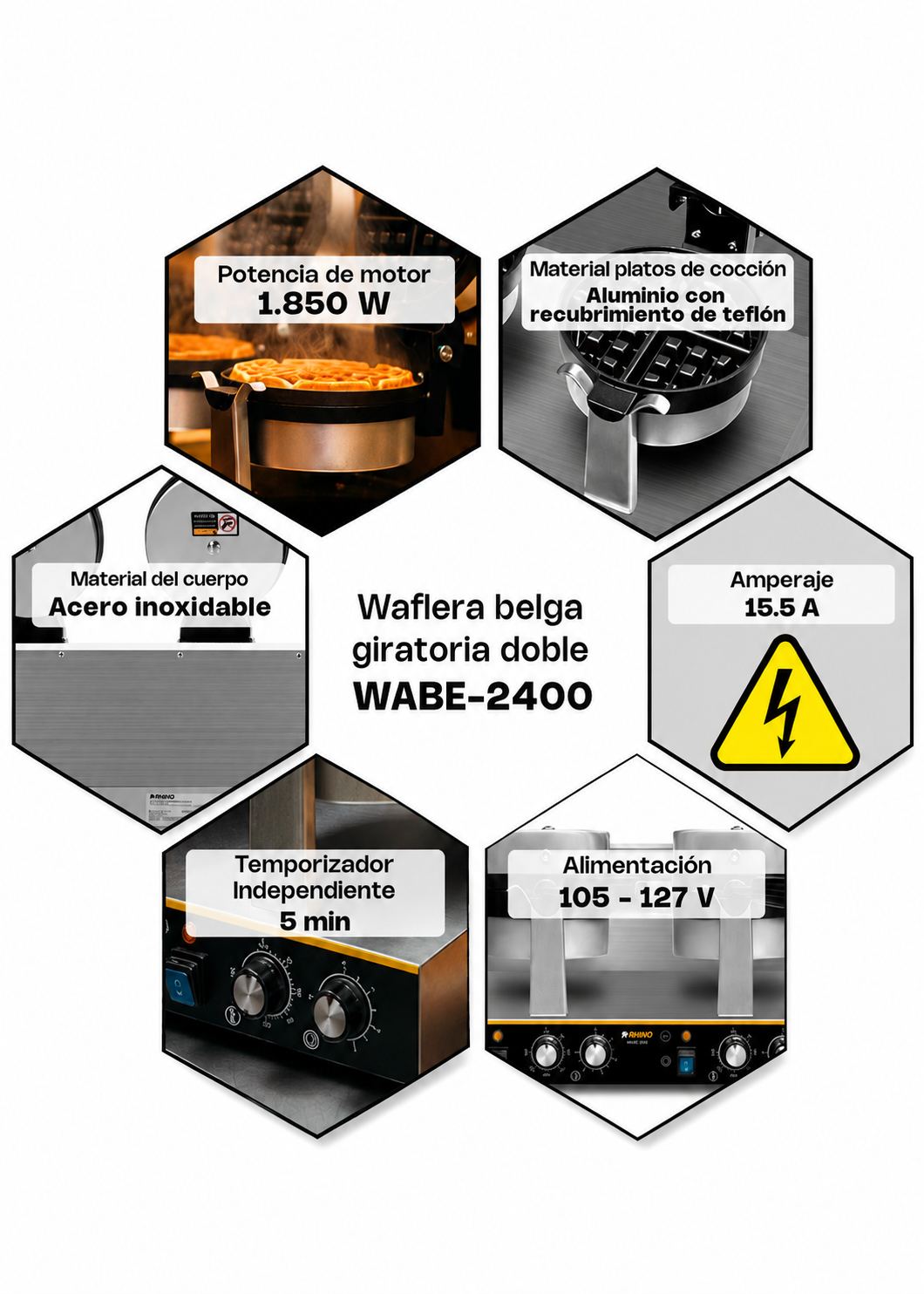 Waflera belga profesional giratoria doble 1800 Watts. Rango de temperatura de 50°C a 300° C. Platos de aluminio con recubrimiento de teflón. Cuerpo de acero inoxidable. Rhino WABE-2400 — imagen de producto