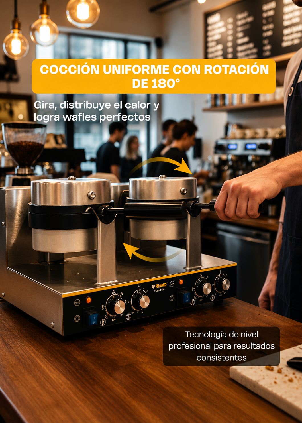Waflera belga profesional giratoria doble 1800 Watts. Rango de temperatura de 50°C a 300° C. Platos de aluminio con recubrimiento de teflón. Cuerpo de acero inoxidable. Rhino WABE-2400 — imagen de producto
