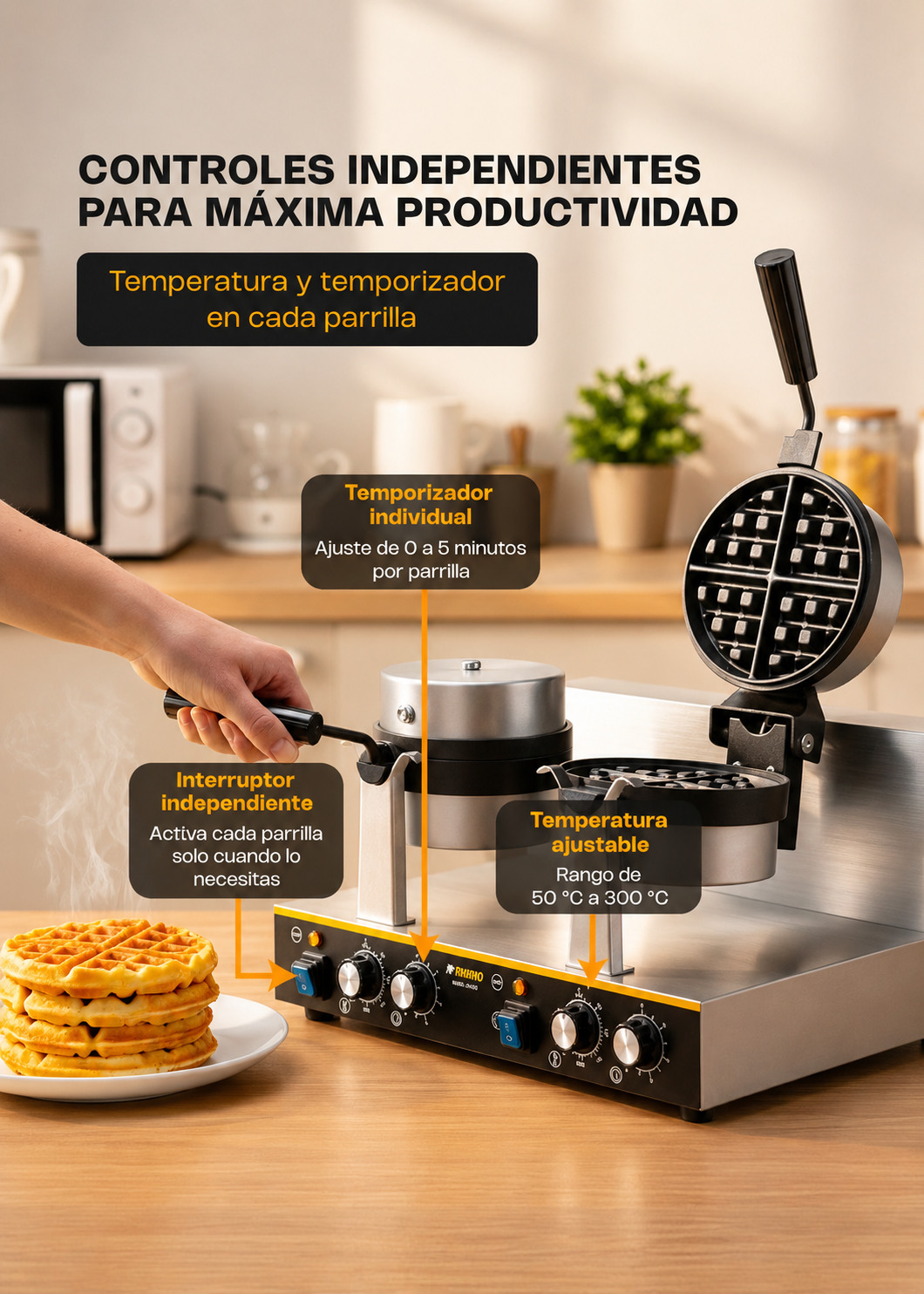 Waflera belga profesional giratoria doble 1800 Watts. Rango de temperatura de 50°C a 300° C. Platos de aluminio con recubrimiento de teflón. Cuerpo de acero inoxidable. Rhino WABE-2400 — imagen de producto