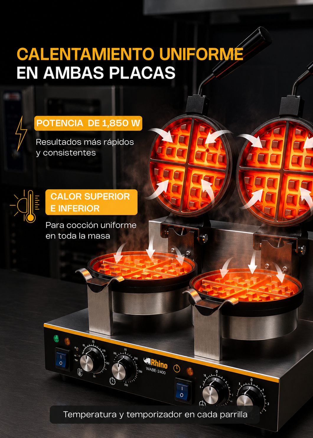 Waflera belga profesional giratoria doble 1800 Watts. Rango de temperatura de 50°C a 300° C. Platos de aluminio con recubrimiento de teflón. Cuerpo de acero inoxidable. Rhino WABE-2400 — imagen de producto