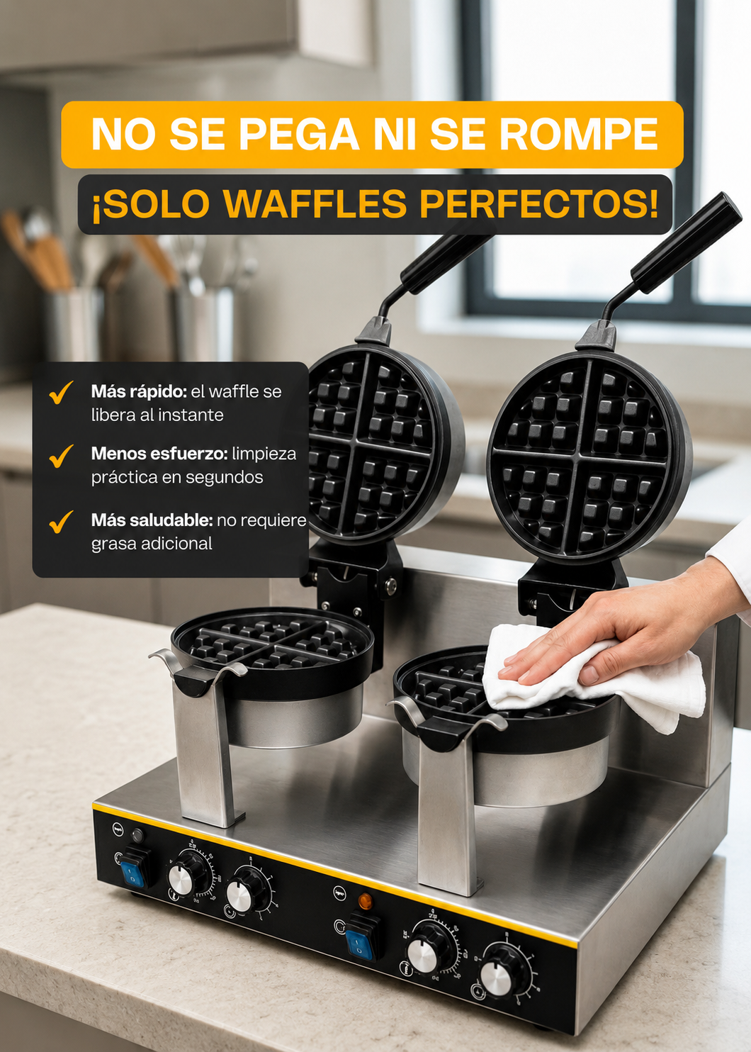 Waflera belga profesional giratoria doble 1800 Watts. Rango de temperatura de 50°C a 300° C. Platos de aluminio con recubrimiento de teflón. Cuerpo de acero inoxidable. Rhino WABE-2400 — imagen de producto