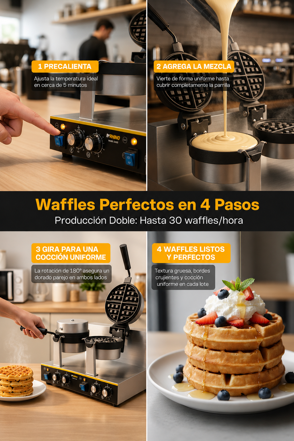 Waflera belga profesional giratoria doble 1800 Watts. Rango de temperatura de 50°C a 300° C. Platos de aluminio con recubrimiento de teflón. Cuerpo de acero inoxidable. Rhino WABE-2400 — imagen de producto
