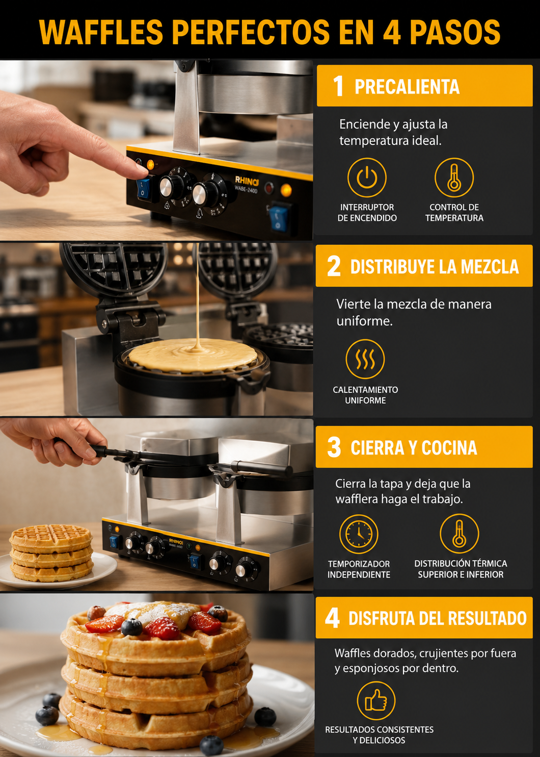 Waflera belga profesional giratoria doble 1800 Watts. Rango de temperatura de 50°C a 300° C. Platos de aluminio con recubrimiento de teflón. Cuerpo de acero inoxidable. Rhino WABE-2400 — imagen de producto