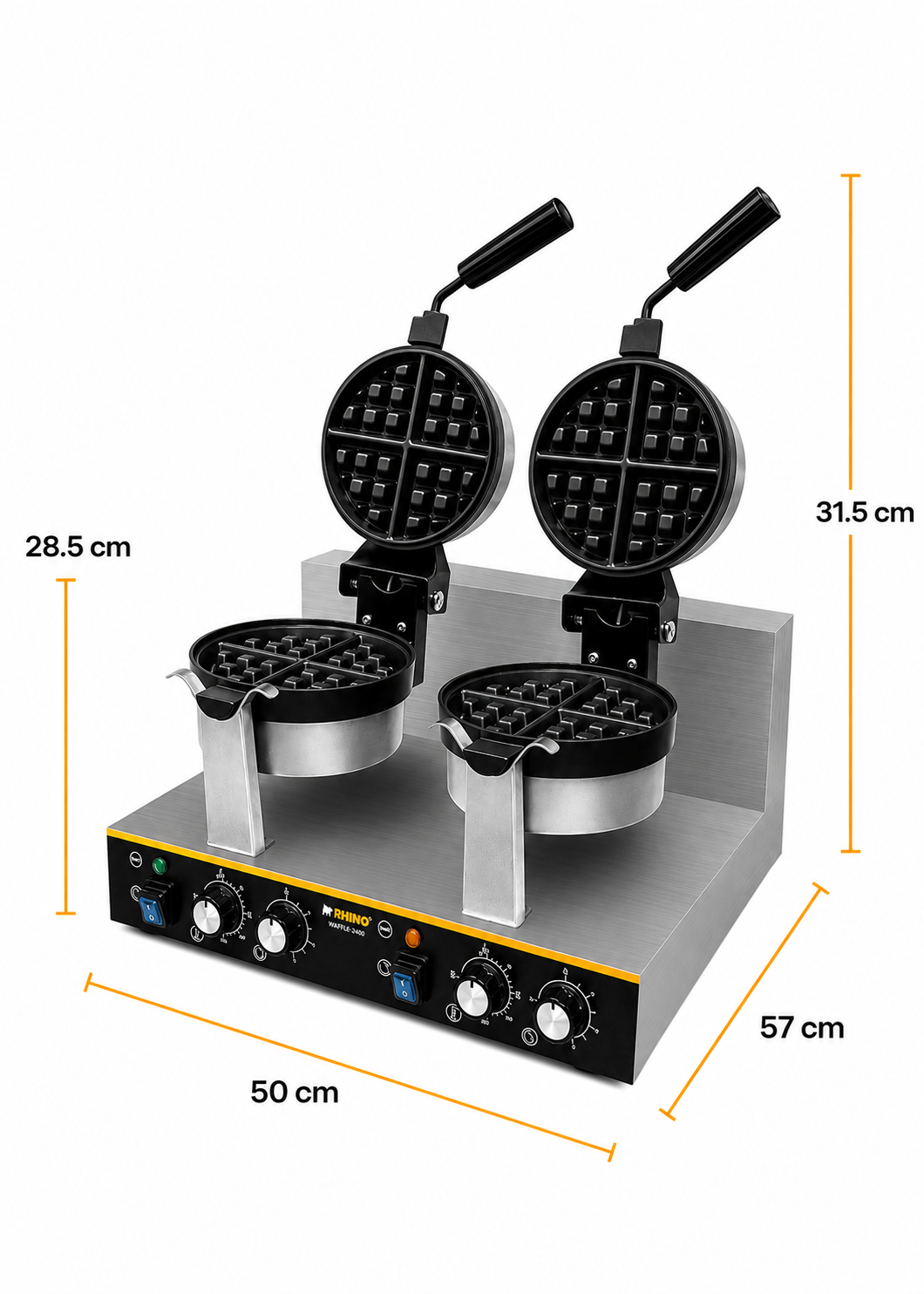 Waflera belga profesional giratoria doble 1800 Watts. Rango de temperatura de 50°C a 300° C. Platos de aluminio con recubrimiento de teflón. Cuerpo de acero inoxidable. Rhino WABE-2400 — imagen de producto