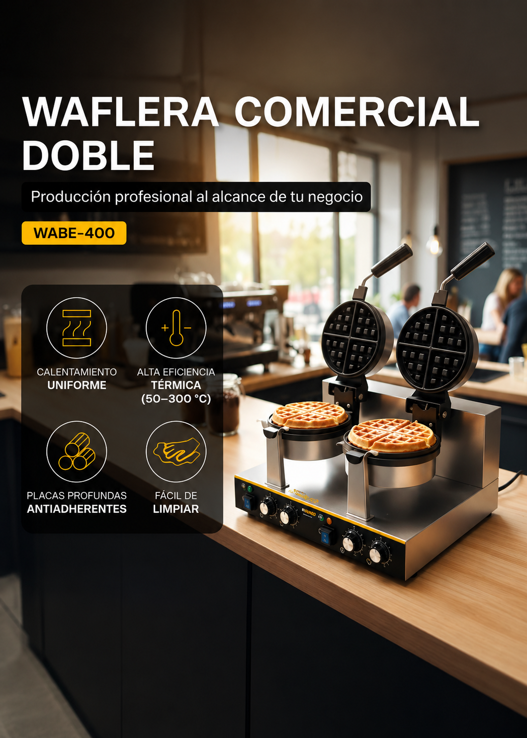 Waflera belga profesional giratoria doble 1800 Watts. Rango de temperatura de 50°C a 300° C. Platos de aluminio con recubrimiento de teflón. Cuerpo de acero inoxidable. Rhino WABE-2400 — imagen de producto