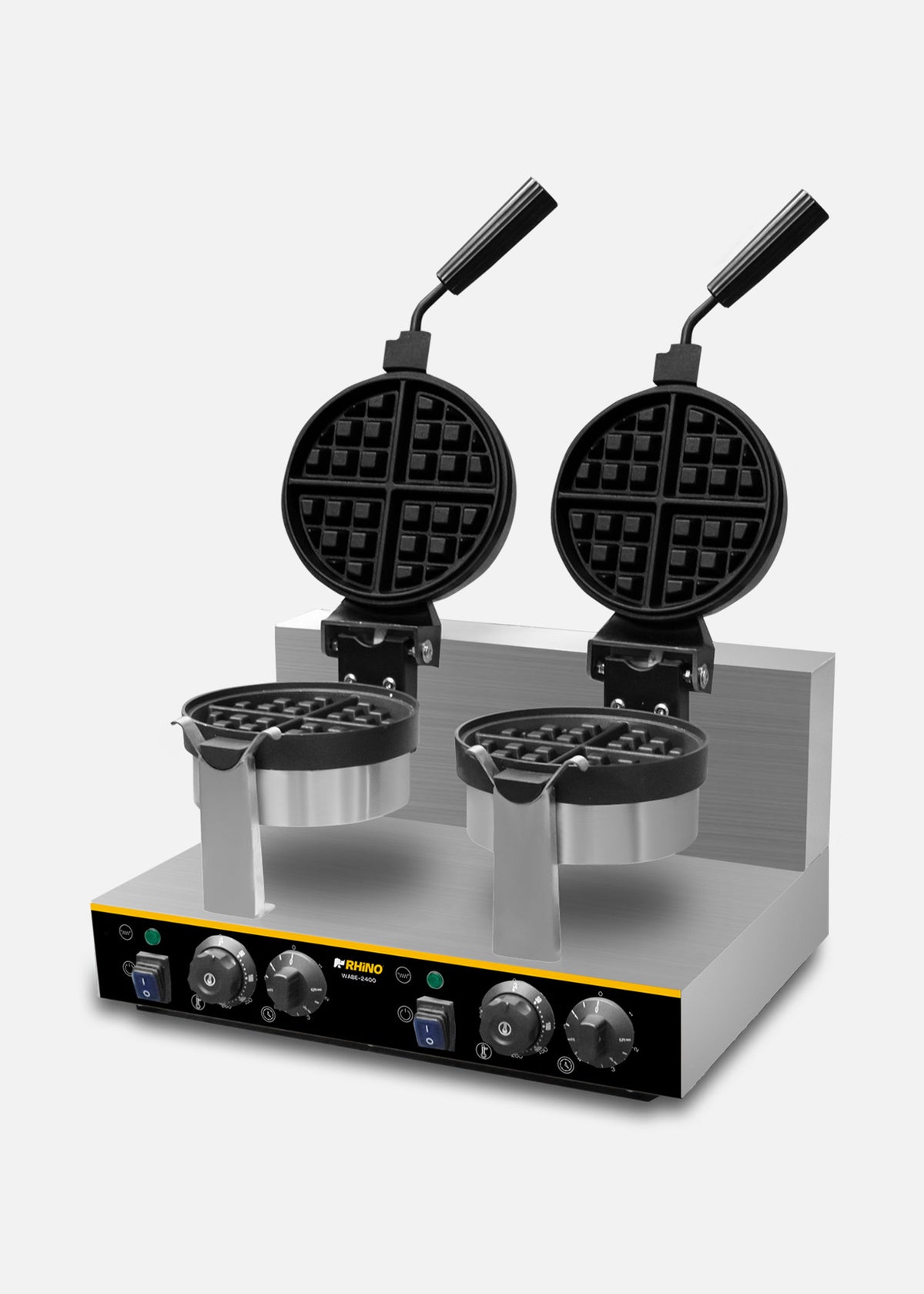 Waflera belga profesional giratoria doble 1800 Watts. Rango de temperatura de 50°C a 300° C. Platos de aluminio con recubrimiento de teflón. Cuerpo de acero inoxidable. Rhino WABE-2400 — imagen de producto