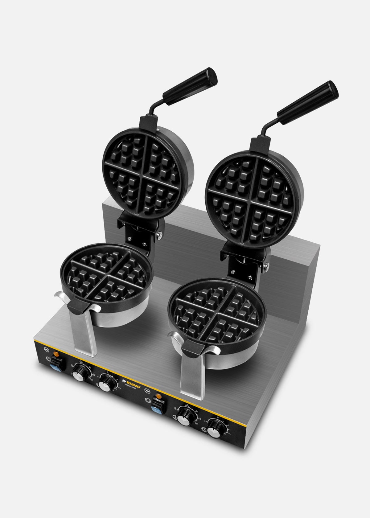 Waflera belga profesional giratoria doble 1800 Watts. Rango de temperatura de 50°C a 300° C. Platos de aluminio con recubrimiento de teflón. Cuerpo de acero inoxidable. Rhino WABE-2400 — imagen de producto
