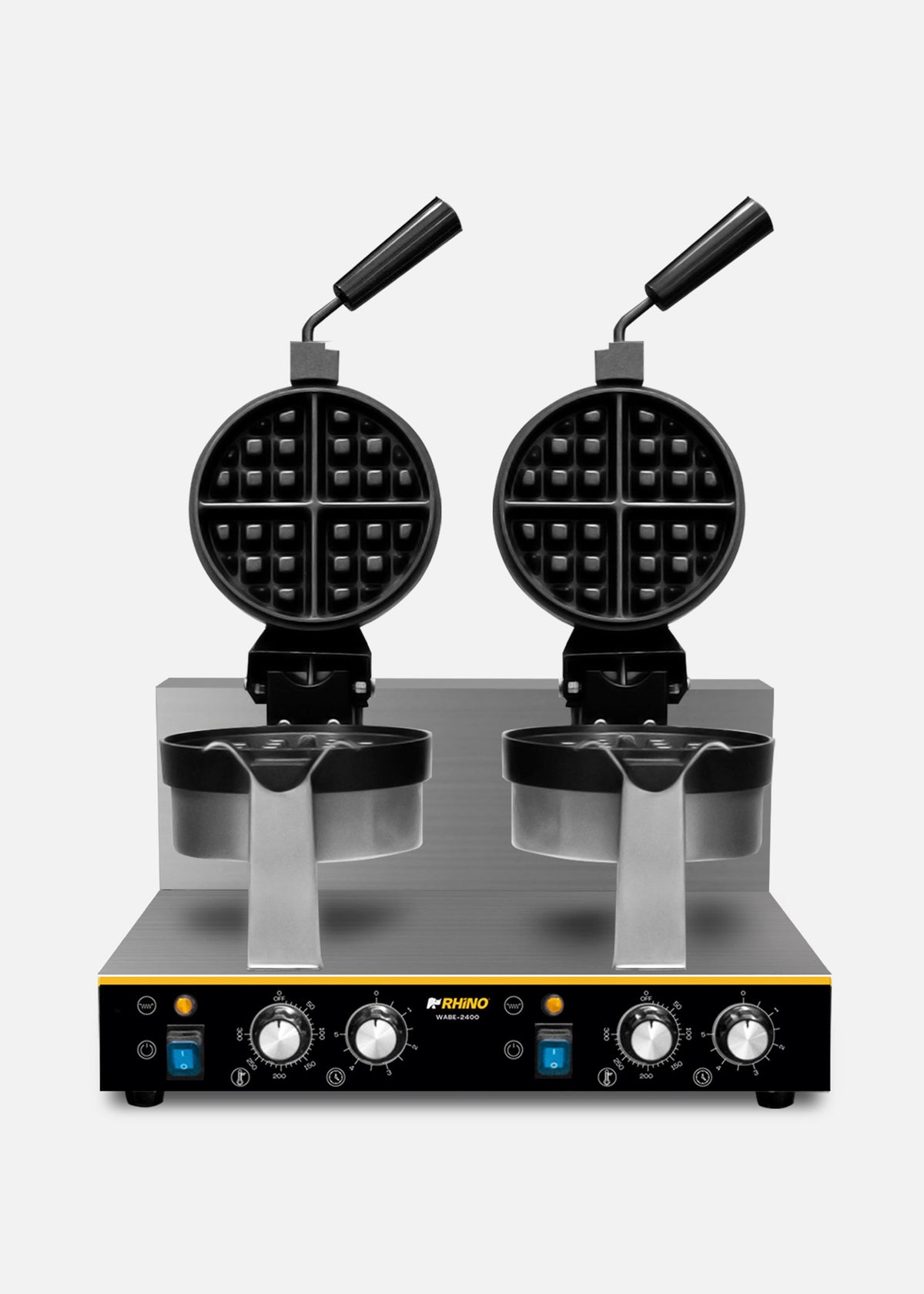 Waflera belga profesional giratoria doble 1800 Watts. Rango de temperatura de 50°C a 300° C. Platos de aluminio con recubrimiento de teflón. Cuerpo de acero inoxidable. Rhino WABE-2400 — imagen de producto