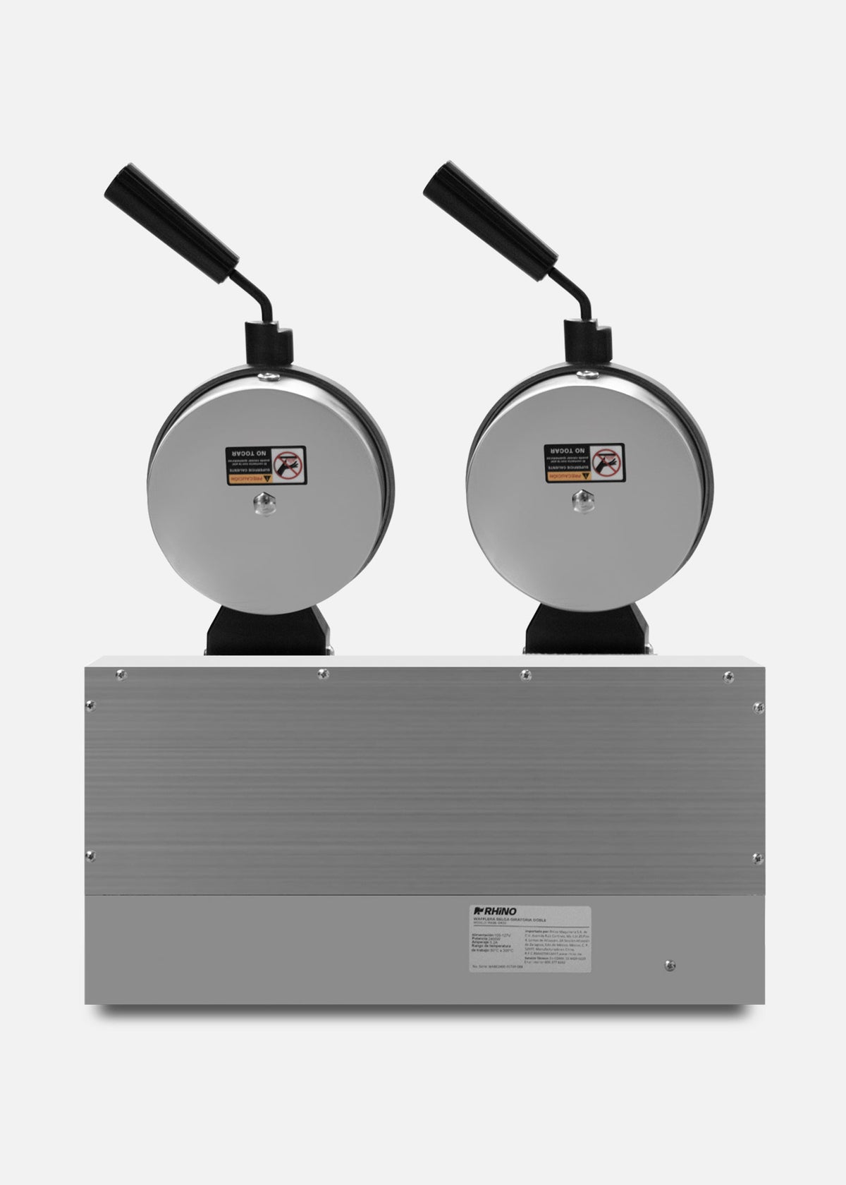 Waflera belga profesional giratoria doble 1800 Watts. Rango de temperatura de 50°C a 300° C. Platos de aluminio con recubrimiento de teflón. Cuerpo de acero inoxidable. Rhino WABE-2400 — imagen de producto