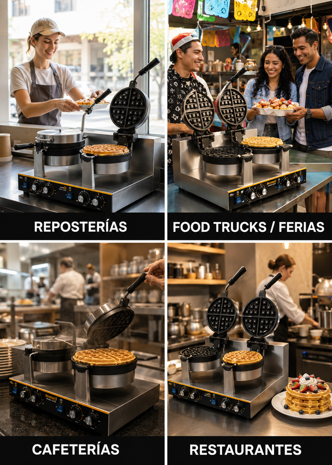 Waflera belga profesional giratoria doble 1800 Watts. Rango de temperatura de 50°C a 300° C. Platos de aluminio con recubrimiento de teflón. Cuerpo de acero inoxidable. Rhino WABE-2400 — imagen de producto