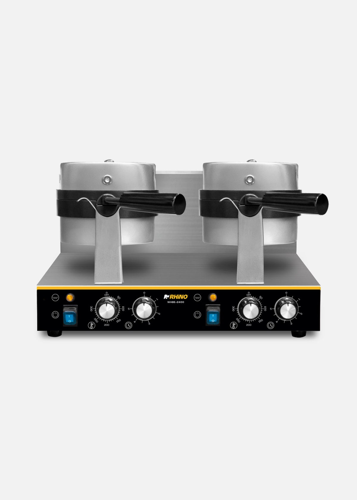 Waflera belga profesional giratoria doble 1800 Watts. Rango de temperatura de 50°C a 300° C. Platos de aluminio con recubrimiento de teflón. Cuerpo de acero inoxidable. Rhino WABE-2400 — imagen de producto