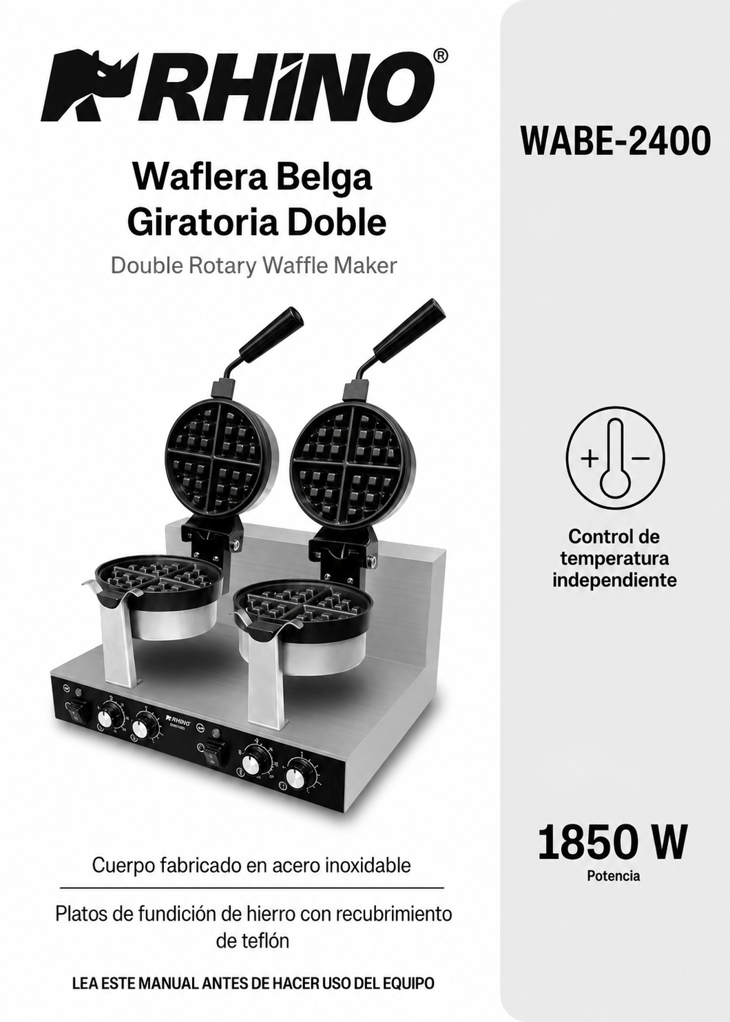 Waflera belga profesional giratoria doble 1800 Watts. Rango de temperatura de 50°C a 300° C. Platos de aluminio con recubrimiento de teflón. Cuerpo de acero inoxidable. Rhino WABE-2400 — imagen de producto