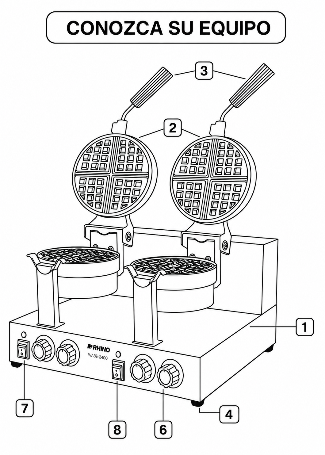 Waflera belga profesional giratoria doble 1800 Watts. Rango de temperatura de 50°C a 300° C. Platos de aluminio con recubrimiento de teflón. Cuerpo de acero inoxidable. Rhino WABE-2400 — imagen de producto